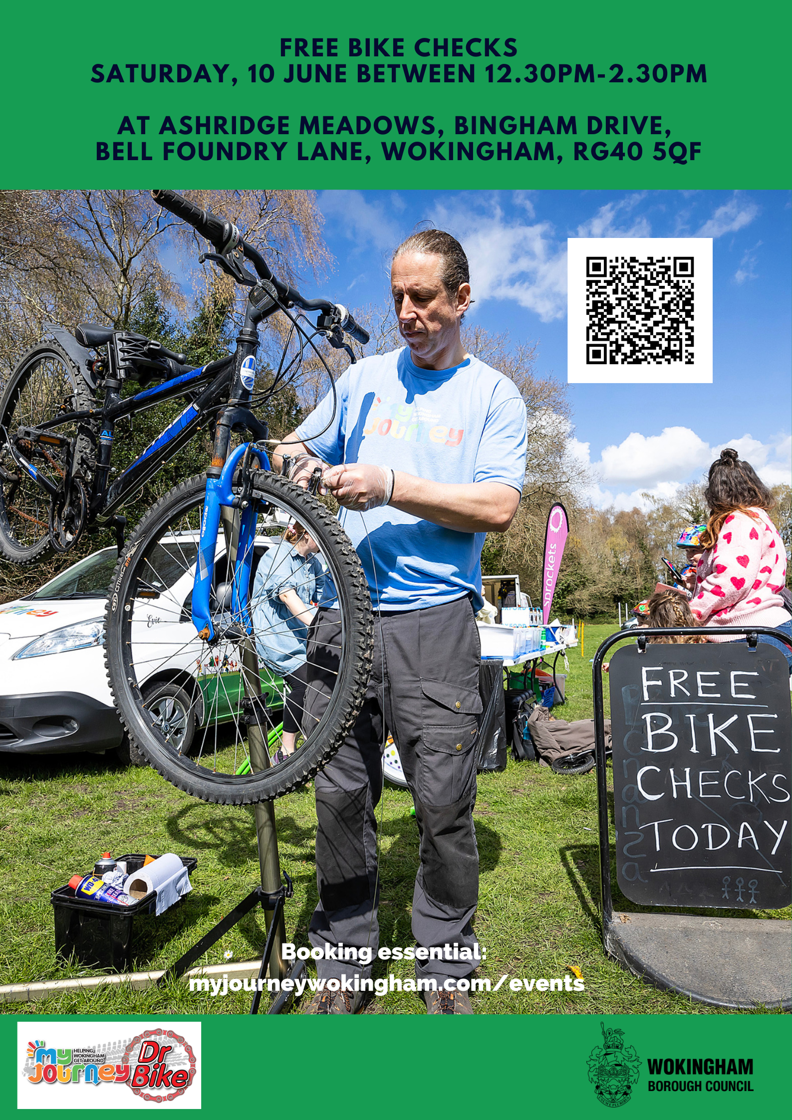 Poster advertising Dr Bike's session, shows Dr Bike having a look at a bike and a sign says "FREE BIKE CHECKS TODAY"