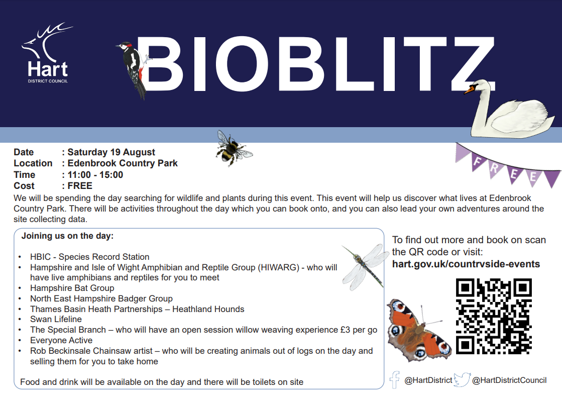 Poster with all the details of the bioblitz to be held at Edenbrook Country park on 10th August. Details below.