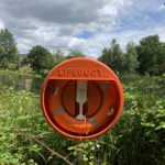 Photo of a bright orange lifebuoy positioned at the lakeside.