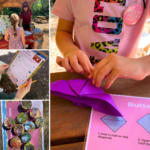 Montage of pictures. The main image shows a child doing origami. There are small photos of children collecting their activity sheets and a image of a memory game.