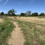 Photo of a hay meadow with bales of hay. There's a gravel path on this section.