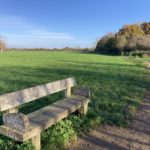 Photo of an open grassy area and surfaced path with wooden bench in the foreground