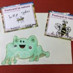An image of some drawings by children showing a large green frog, and two wasp spiders.