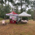 Photo of two gazebos in a heathland setting, containing display material and a craft table for a Heath week event. Both empty.